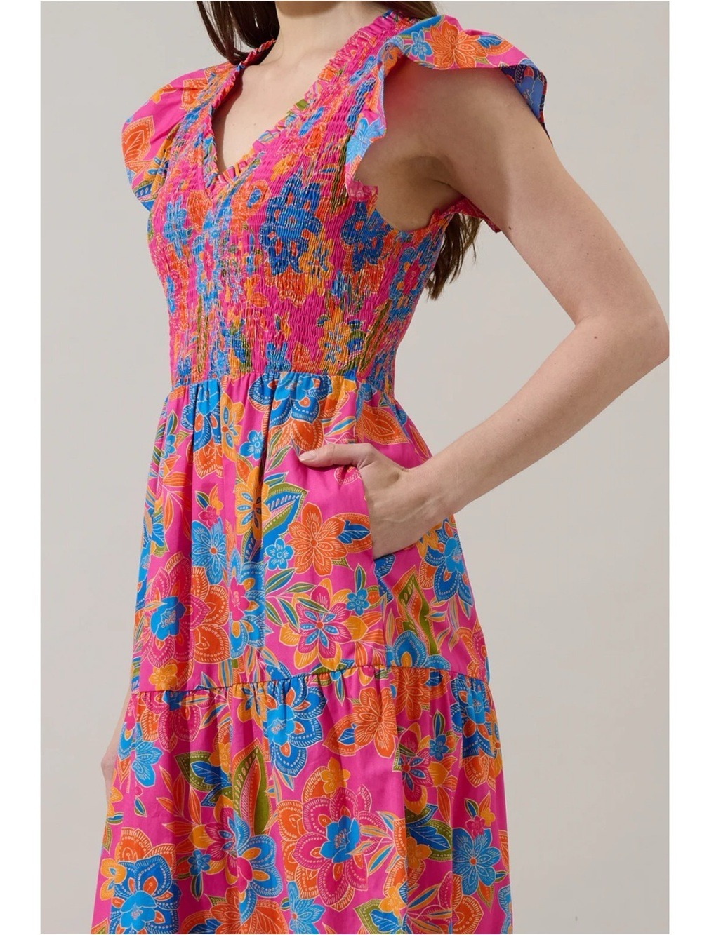 Sugarlips Floral Smocked Bodice Tiered Ruffle Midi Dress Medium - Picture 2 of 13